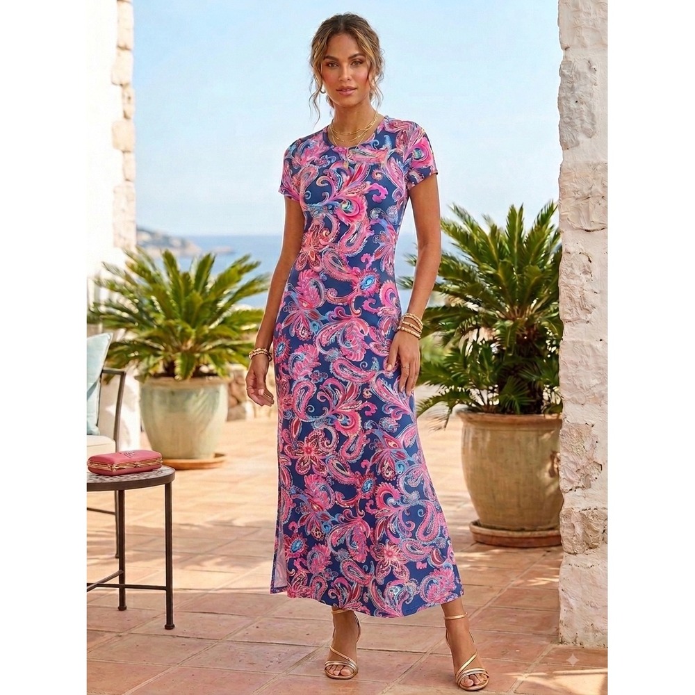 Lilly Pulitzer Squeeze the Day Maxi Dress Pink Blue Paisley UPF 50+ XS 015767